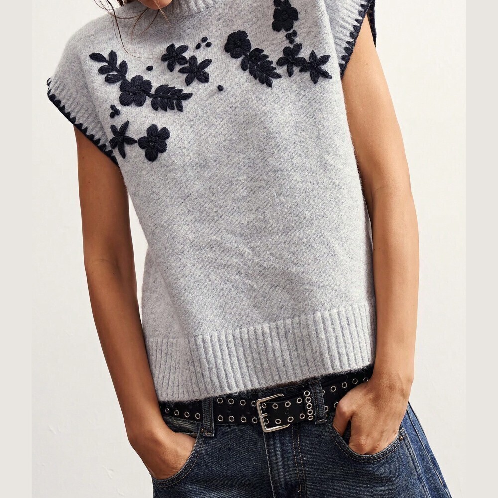 Gray Floral Embroidered Sweater Vest with Navy Contrast Trim